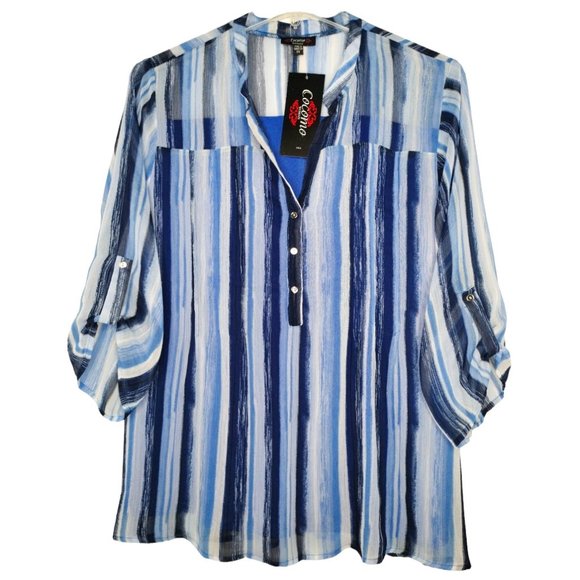 Cocomo Tops - NWT Cocomo Plus Size 3X Blue Multi Pintuck 3/4 Sleeve Blouse Top